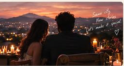 A couple watching the city lights come on from a rooftop