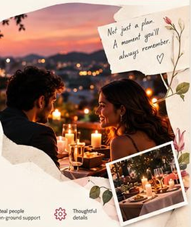 A couple at a candlelit rooftop dinner at sunset, with a handwritten note and a snapshot