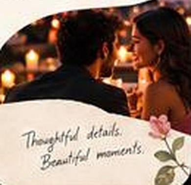 A couple at a candlelit dinner. Thoughtful details. Beautiful moments.