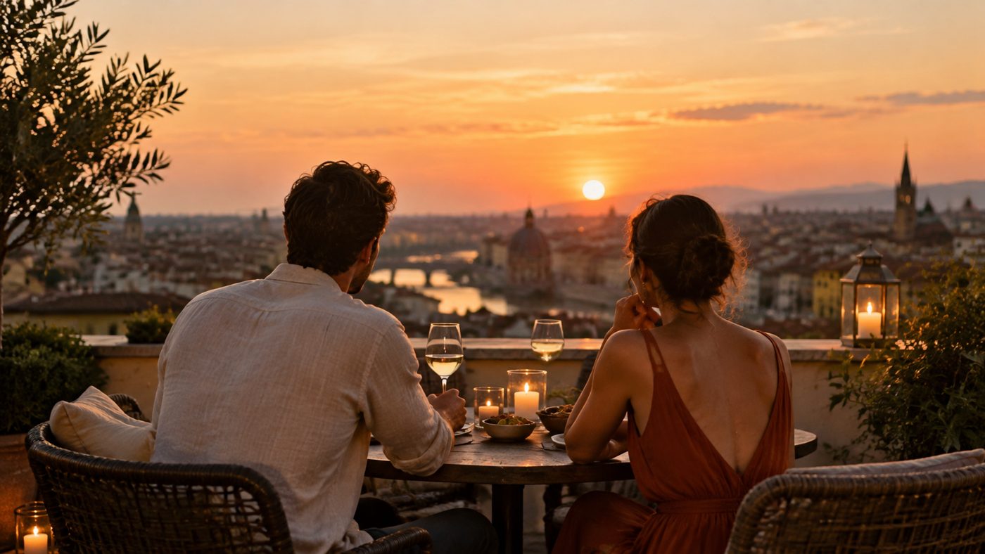 A couple enjoying an evening on a rooftop
